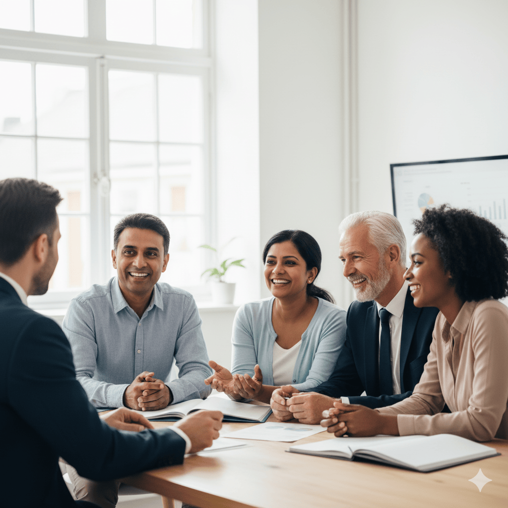 Happy UK homeowners receiving advice