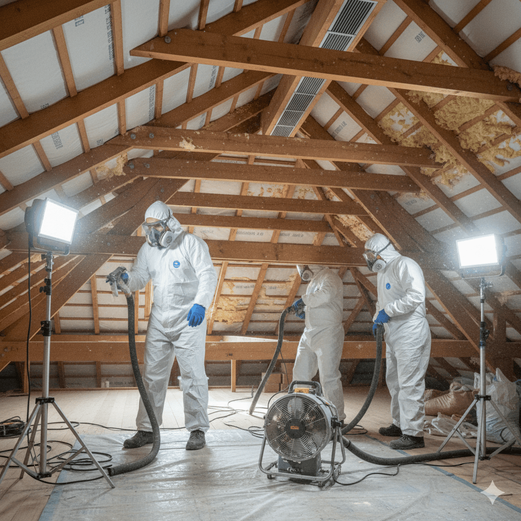 Professional workers removing spray foam insulation